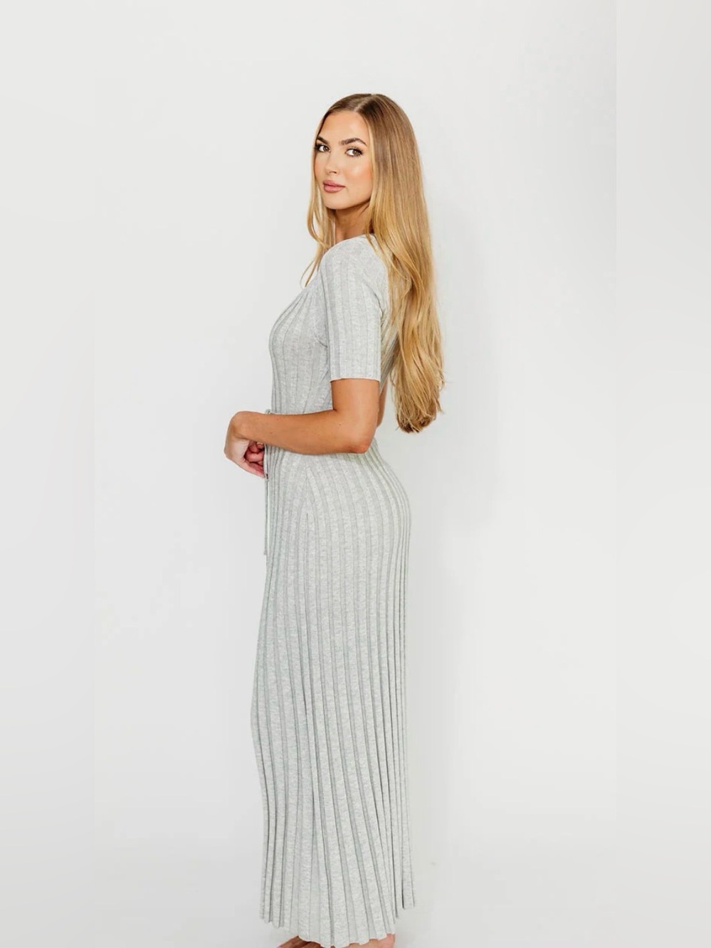 Worth Collective Oakley Light Gray Ribbed Knit Maxi Dress with Waist Tie - Picture 2 of 2
